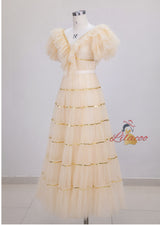 Champagne Tulle V-neck Prom Dress