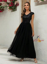 Contrast Sequined Mesh V-neck Dress