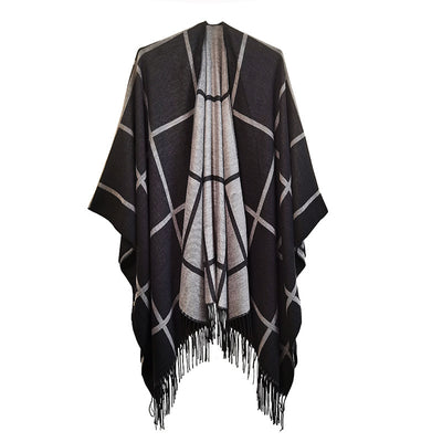 Black Double-sided Plaid Split Shawl