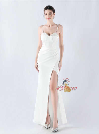 Mermaid Spaghetti Straps Pleats Beading Prom Dress