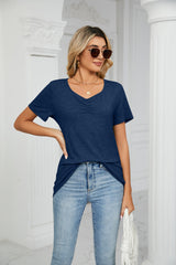 Thin V-neck Pleated Casual T-shirt