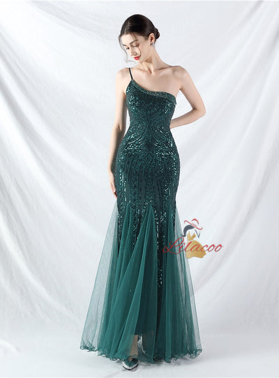 Mermaid Sequins One Shoulder Beading Prom Dress