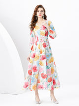 Retro V-neck Single-breasted Printed Long Dress