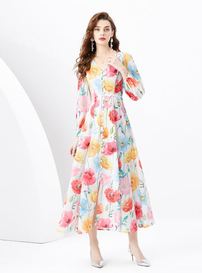 Retro V-neck Single-breasted Printed Long Dress