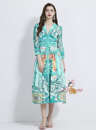 Retro V-neck Printed Long Sleeve Dress