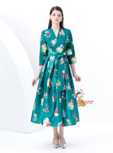 V-neck Long Sleeve Long Retro Print Dress