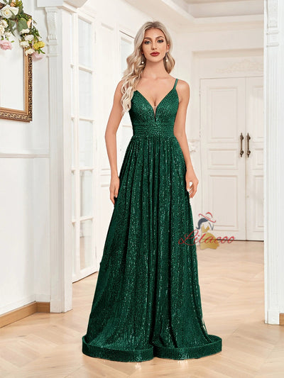 Deep V-neck Sequins Straps Prom Dress
