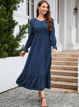 V-neck Long Sleeve Jacquard Silm Waist Dress