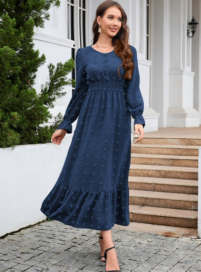 V-neck Long Sleeve Jacquard Silm Waist Dress