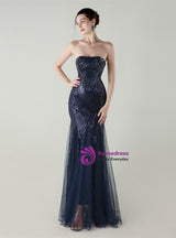 Mermaid Tulle Sequins Strapless Beading Prom Dress