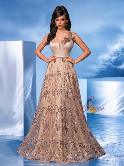 Navy Blue Sequins V-neck Prom Dress