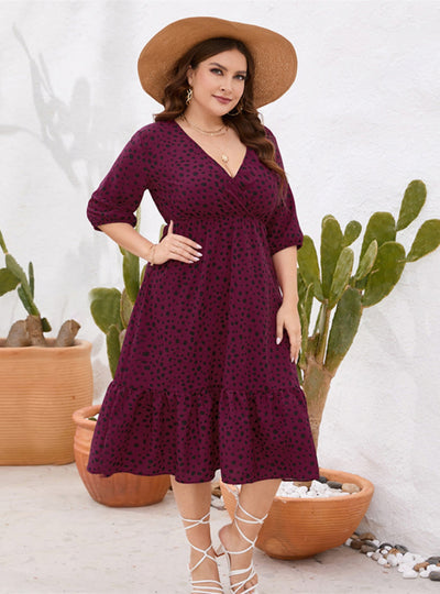 Ruffled V-neck Mid-length Dress