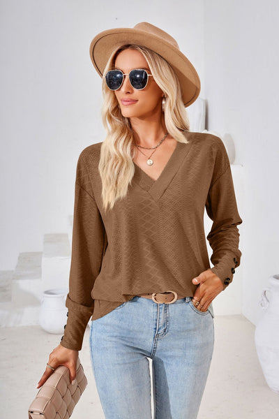 V-neck Jacquard Button Loose T-shirt