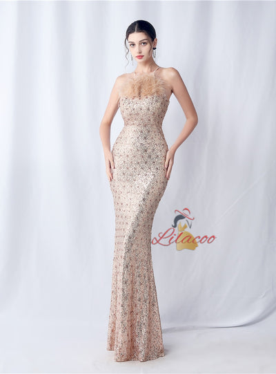 Halter Mermaid Sequins Feather Prom Dress