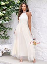 Gray Tulle Halter Backless Party Dress