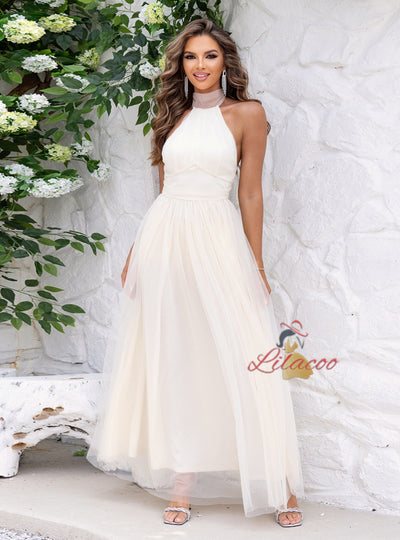 Gray Tulle Halter Backless Party Dress