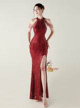 Mermaid Sequins Halter Backless Beading Prom Dress