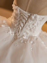 White Tulle Strapless 3D Flower Wedding Dress