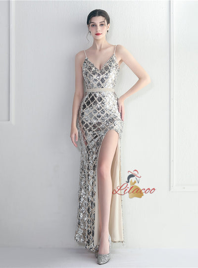Mermaid Sequins Straps Split Prom Dress