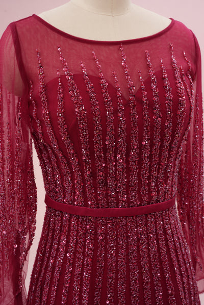 Burgundy Tulle Long Sleeve Beading Sequins Prom Dress