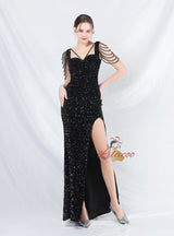 Straps Sequins Beading Split Prom Dress