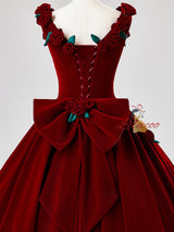 Burgundy Velvet Straps 3D Flower Bow Prom Dress