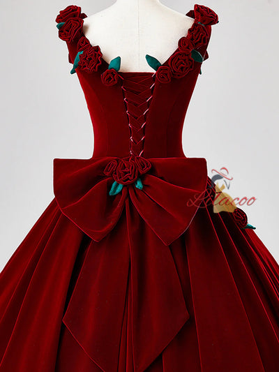 Burgundy Velvet Straps 3D Flower Bow Prom Dress