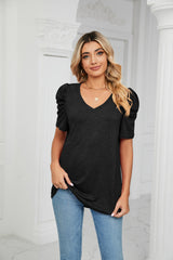 Loose Pleated V-neck Short Sleeve T-shirt