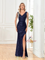 V-neck Sequined Slit Evening Dress