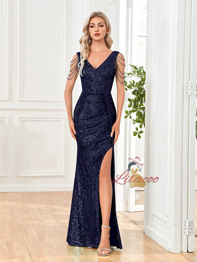 V-neck Sequined Slit Evening Dress