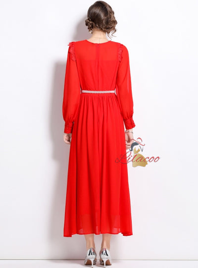 Lace Stitching Chiffon Long Sleeve Dress