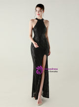 Halter Mermaid Sequins Backless Prom Dress