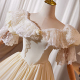 Vintage Champagne Satin Lace Short Sleeve Wedding Dress