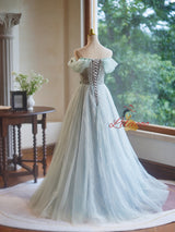 Green Tulle Sequins Off the Shoulder Flower Prom Dress