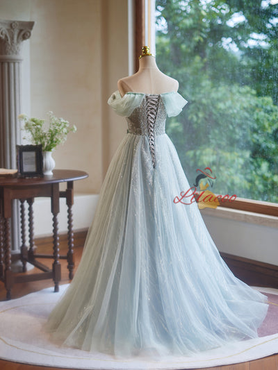 Green Tulle Sequins Off the Shoulder Flower Prom Dress
