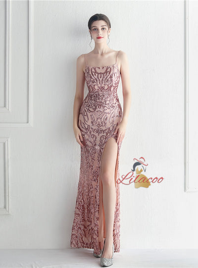 Spaghetti Straps Mermaid Sequins Prom Dress