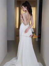 White Mermaid Straps Backless Pearls Wedding Dress