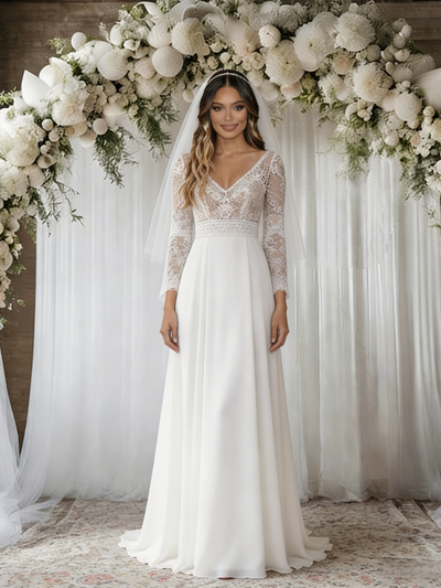White Lace Long Sleeve V-neck Wedding Dress