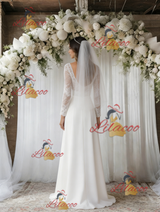 White Lace Long Sleeve V-neck Wedding Dress