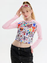 Cartoon Graffiti Printed Long Sleeve T-shirt