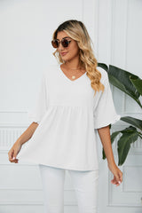 Solid Color V-neck Loose Stitching Chiffon Top