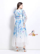 Flower Oil Painting Lace Stitching V-neck Dress
