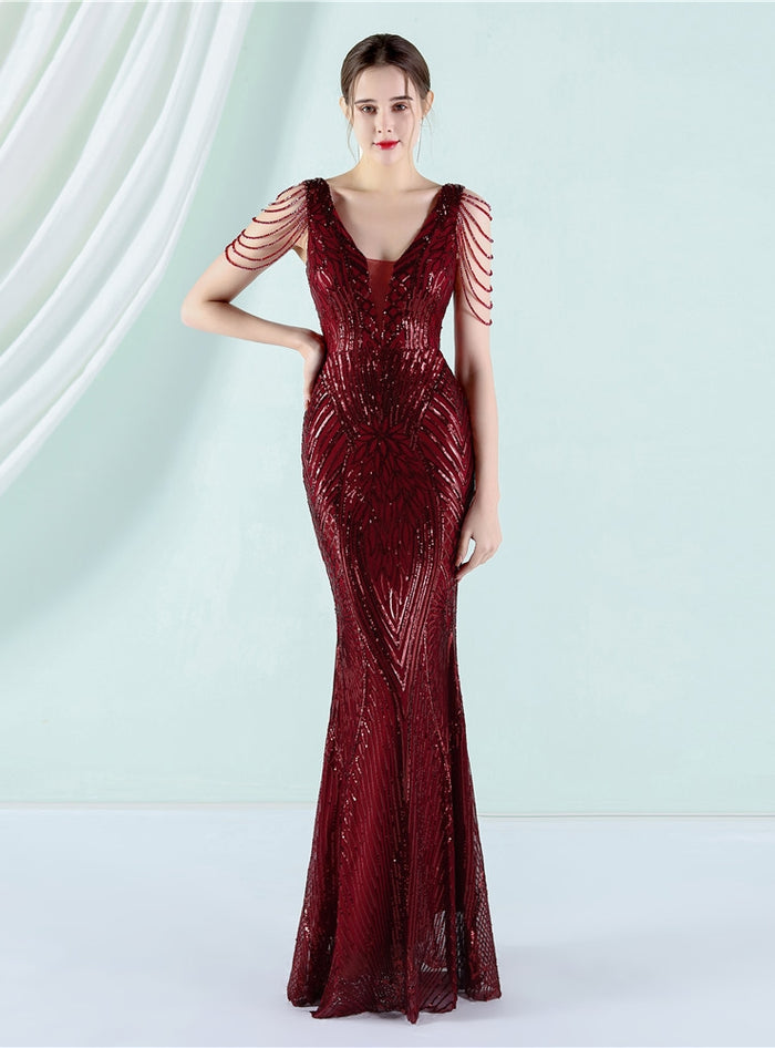Mermaid V-neck Sequins Beading Prom Dress