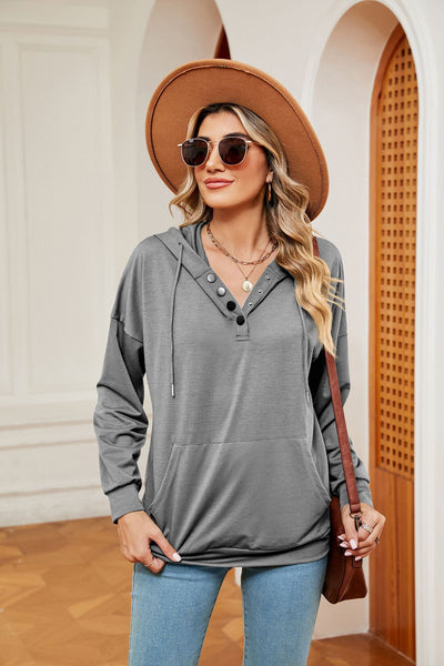 Button Drawstring Pocket Long Sleeve Top