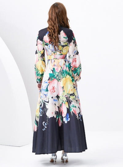 Printed Puff Sleeve Button Slim Dress