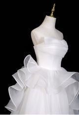 White Tulle Strapless Pleats Wedding Dress