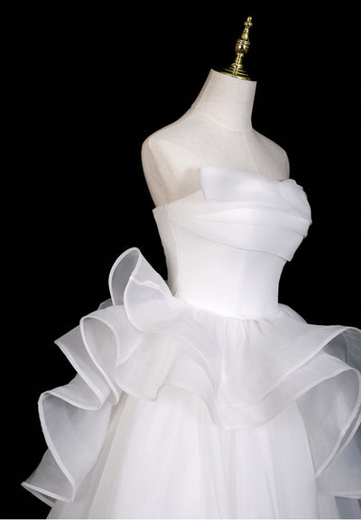 White Tulle Strapless Pleats Wedding Dress