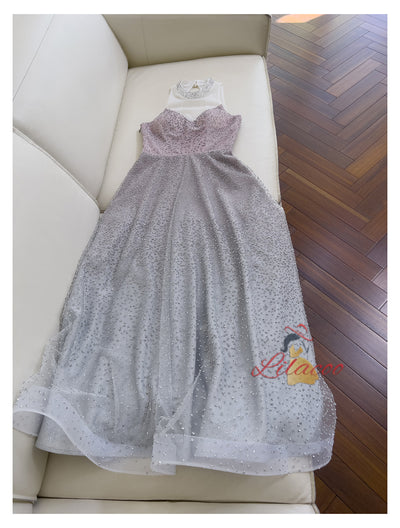Gray Tulle Sequins Backless Prom Dress