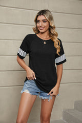 Striped Stitching Loose Round Neck Short Sleeve T-shirt