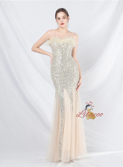 Tulle Sequins Spaghetti Straps Prom Dress